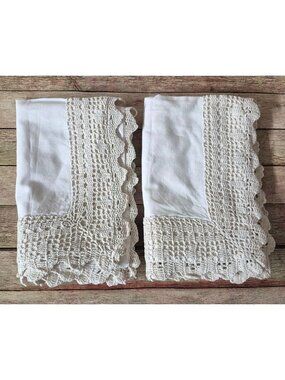 Shabby Chic Pillowcase Sham Set Cream 100% Cotton Lace Trim Boho Cottage Decor